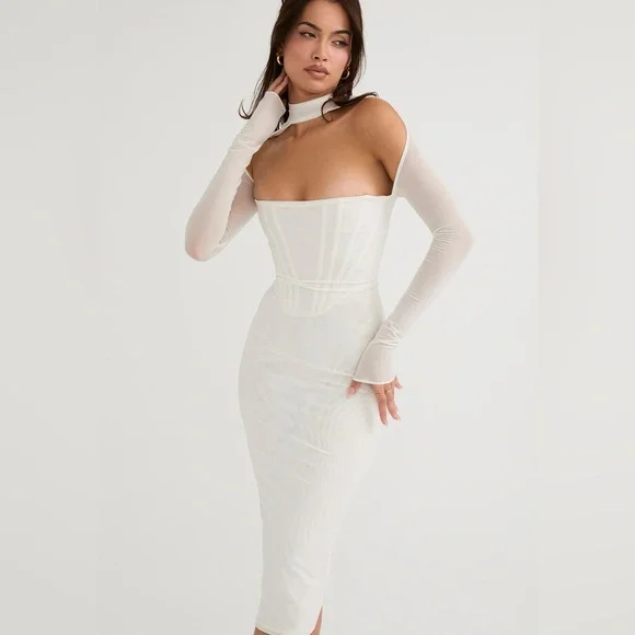 House of CB Milarose Dress Choker Long Sleeve Mesh Midi Dress Small - Picture 2 of 10